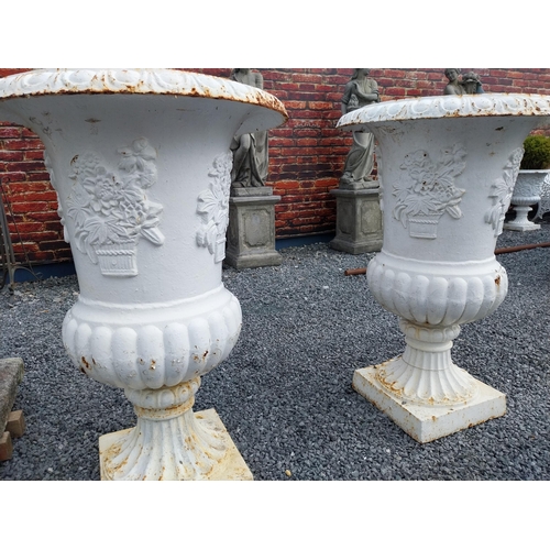 238 - Pair of large good quality decorative cast iron garden urns {113 cm H x 76 cm Dia.}.