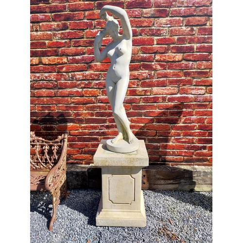 242 - Moulded sandstone statue of a Grecian Lady raised on pedestal {192 cm H x 47 cm W x 47 cm D}.