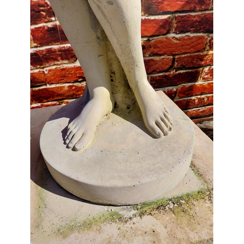 242 - Moulded sandstone statue of a Grecian Lady raised on pedestal {192 cm H x 47 cm W x 47 cm D}.