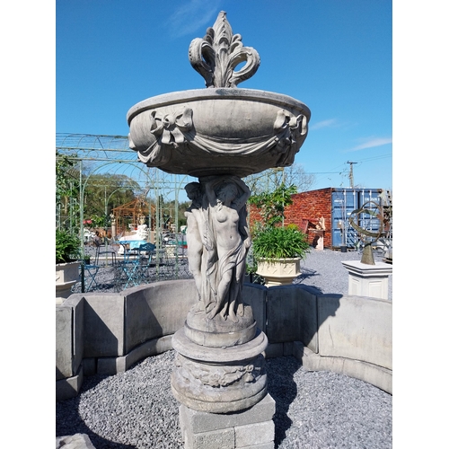 250 - Good quality moulded sandstone fountain decorated with Grecian Lady and Lions mask {250 cm H x 350 c... 