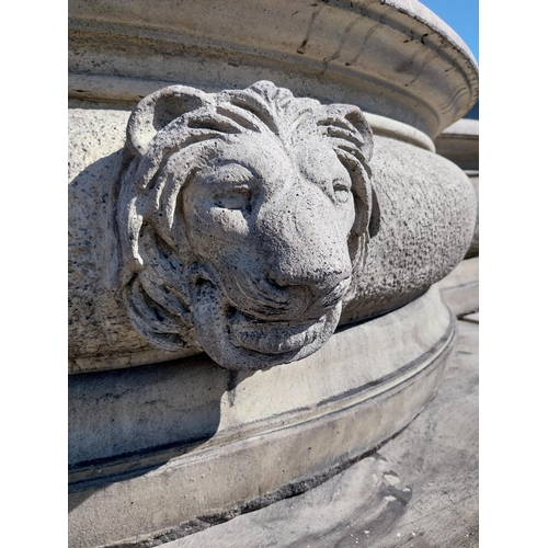 250 - Good quality moulded sandstone fountain decorated with Grecian Lady and Lions mask {250 cm H x 350 c... 