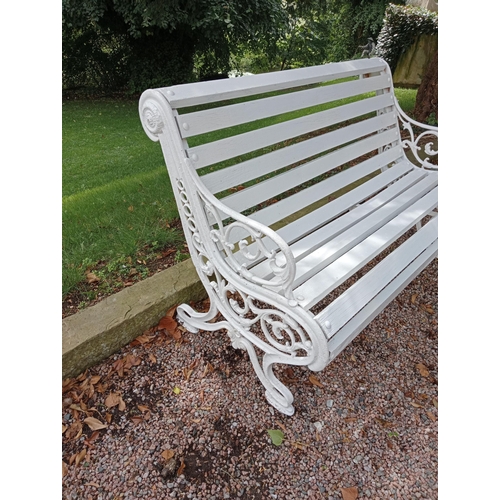 257 - Cast iron and wooden rolltop bench {H 87cm x W 134cm x D 75cm }.