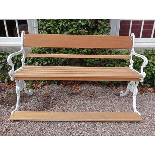 259 - Rare step-up cast iron bench with wooden slats in the Coalbrookdale style {H 98cm x W 158cm x D 74cm... 