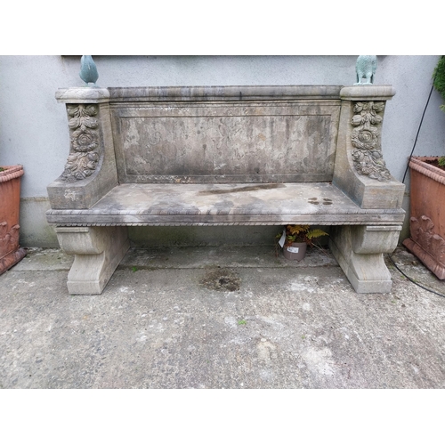 266 - Exceptional quality carved limestone garden bench decorated with roses and pedestal {116 cm H x 183 ... 