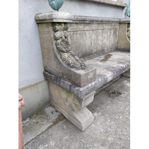 266 - Exceptional quality carved limestone garden bench decorated with roses and pedestal {116 cm H x 183 ... 