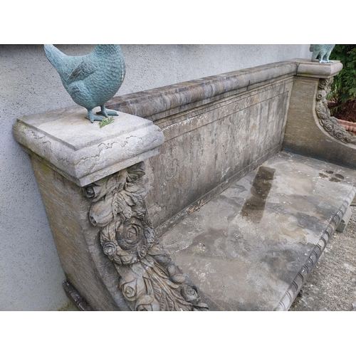 266 - Exceptional quality carved limestone garden bench decorated with roses and pedestal {116 cm H x 183 ... 