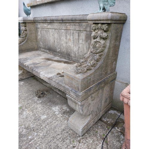 266 - Exceptional quality carved limestone garden bench decorated with roses and pedestal {116 cm H x 183 ... 