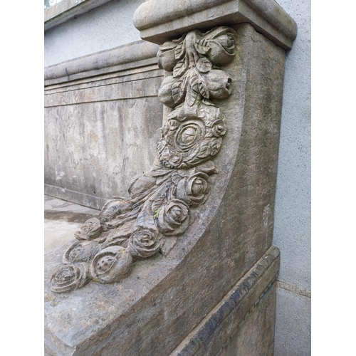 266 - Exceptional quality carved limestone garden bench decorated with roses and pedestal {116 cm H x 183 ... 