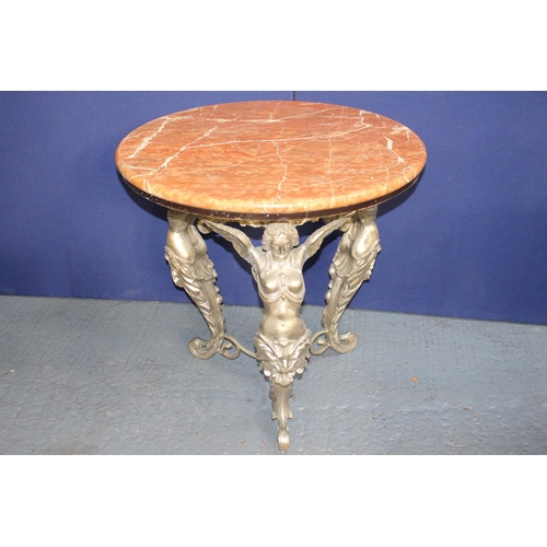 27 - Bronze circular garden table with marble round top raised on three decorative Angel legs  {H 84cm x ... 