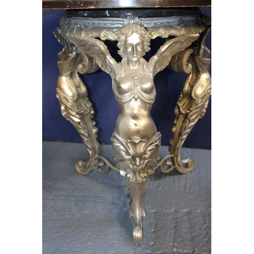 27 - Bronze circular garden table with marble round top raised on three decorative Angel legs  {H 84cm x ... 