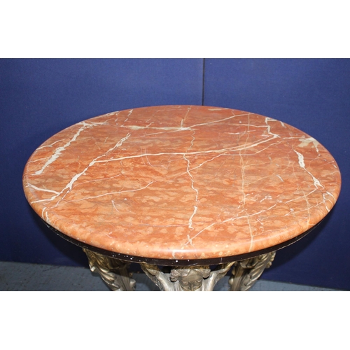 27 - Bronze circular garden table with marble round top raised on three decorative Angel legs  {H 84cm x ... 