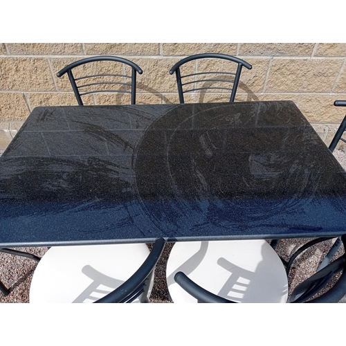 270 - Cast iron table with marble top and six metal chairs with leather seats {Table H 72cm x W 120cm x D ... 