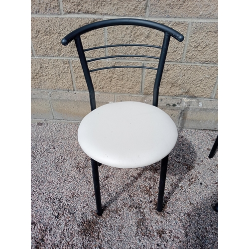 270 - Cast iron table with marble top and six metal chairs with leather seats {Table H 72cm x W 120cm x D ... 