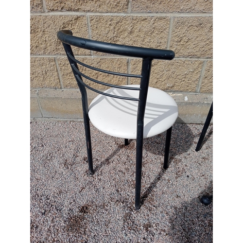 270 - Cast iron table with marble top and six metal chairs with leather seats {Table H 72cm x W 120cm x D ... 