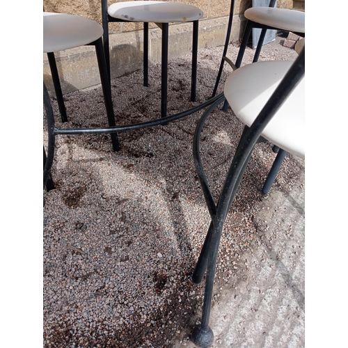 270 - Cast iron table with marble top and six metal chairs with leather seats {Table H 72cm x W 120cm x D ... 