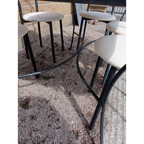 270 - Cast iron table with marble top and six metal chairs with leather seats {Table H 72cm x W 120cm x D ... 