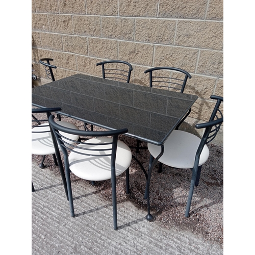 270 - Cast iron table with marble top and six metal chairs with leather seats {Table H 72cm x W 120cm x D ... 