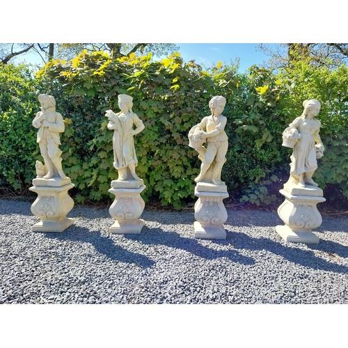 272 - Moulded sandstone Four Seasons statues raised on pedestals {119 cm H x 28 cm W x 28 cm D}.