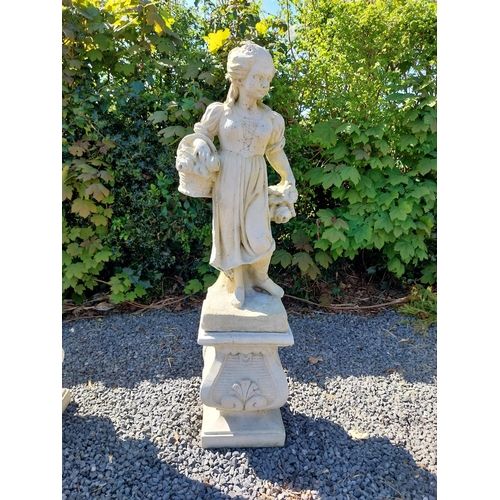 272 - Moulded sandstone Four Seasons statues raised on pedestals {119 cm H x 28 cm W x 28 cm D}.