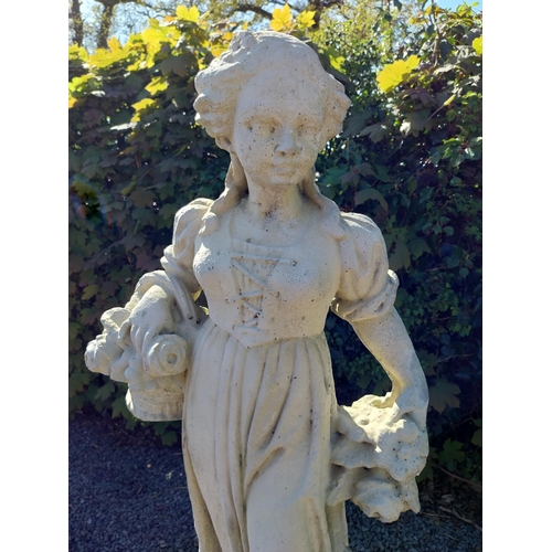 272 - Moulded sandstone Four Seasons statues raised on pedestals {119 cm H x 28 cm W x 28 cm D}.