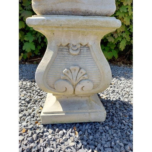 272 - Moulded sandstone Four Seasons statues raised on pedestals {119 cm H x 28 cm W x 28 cm D}.