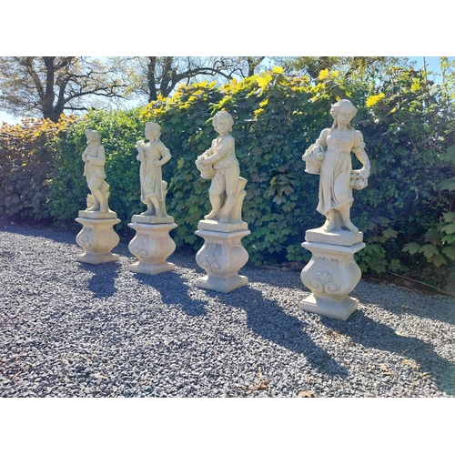 272 - Moulded sandstone Four Seasons statues raised on pedestals {119 cm H x 28 cm W x 28 cm D}.