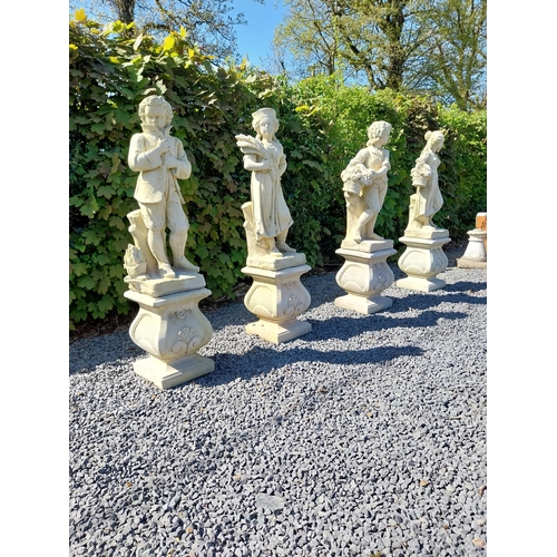 272 - Moulded sandstone Four Seasons statues raised on pedestals {119 cm H x 28 cm W x 28 cm D}.