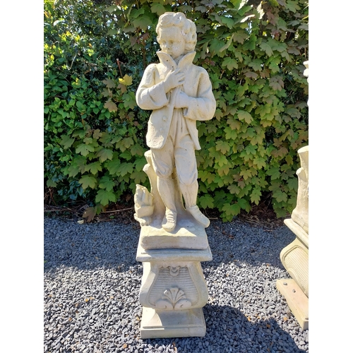 272 - Moulded sandstone Four Seasons statues raised on pedestals {119 cm H x 28 cm W x 28 cm D}.