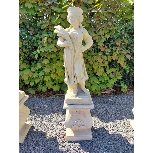 272 - Moulded sandstone Four Seasons statues raised on pedestals {119 cm H x 28 cm W x 28 cm D}.