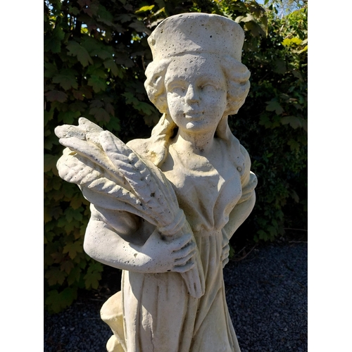 272 - Moulded sandstone Four Seasons statues raised on pedestals {119 cm H x 28 cm W x 28 cm D}.