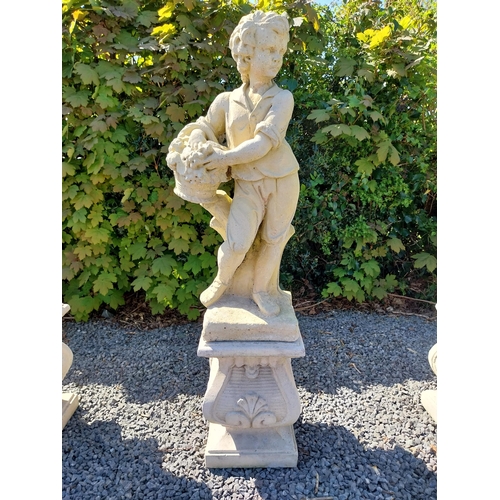 272 - Moulded sandstone Four Seasons statues raised on pedestals {119 cm H x 28 cm W x 28 cm D}.