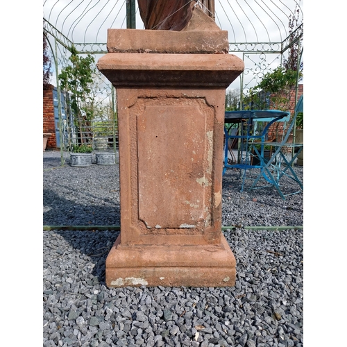 274 - Moulded terracotta Venus de Milo statue raised on pedestal {200 cm H x 47 cm W x 47 cm D}.