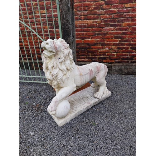 290 - Pair of good quality composition statues of Lions with ball at foot mounted on plinths {110 cm H x 1... 