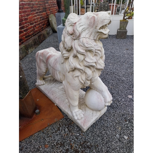 290 - Pair of good quality composition statues of Lions with ball at foot mounted on plinths {110 cm H x 1... 