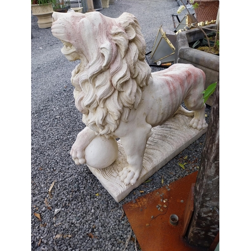 290 - Pair of good quality composition statues of Lions with ball at foot mounted on plinths {110 cm H x 1... 