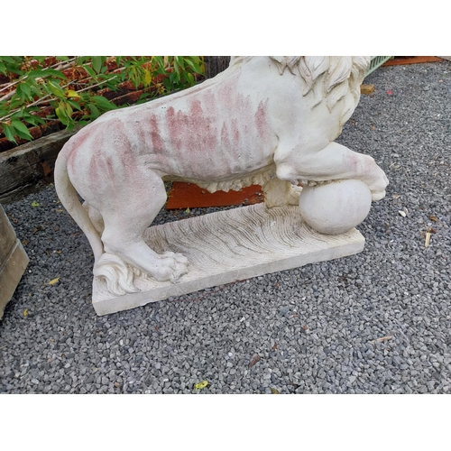 290 - Pair of good quality composition statues of Lions with ball at foot mounted on plinths {110 cm H x 1... 