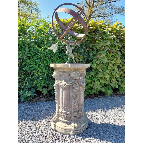 292 - Copper and metal Armorial sundial raised on composition pedestal decorated with lions masks and paws... 