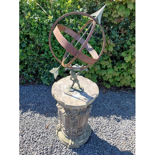 292 - Copper and metal Armorial sundial raised on composition pedestal decorated with lions masks and paws... 