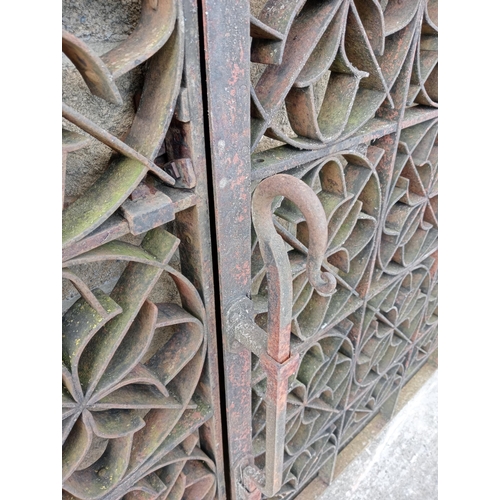 293 - Pair of forged wrought iron gates with hinges {H 137cm x W 262cm x D 4cm }. (NOT AVAILABLE TO VIEW I... 