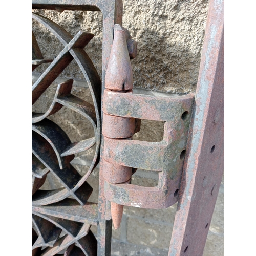 293 - Pair of forged wrought iron gates with hinges {H 137cm x W 262cm x D 4cm }. (NOT AVAILABLE TO VIEW I... 