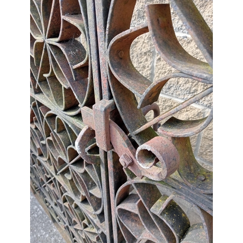 293 - Pair of forged wrought iron gates with hinges {H 137cm x W 262cm x D 4cm }. (NOT AVAILABLE TO VIEW I... 