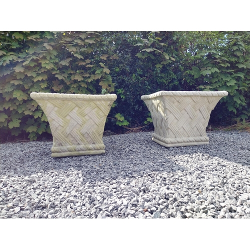 294 - Pair of moulded sandstone square lattice planters {41 cm H x 48 cm W x 48  cm D}.