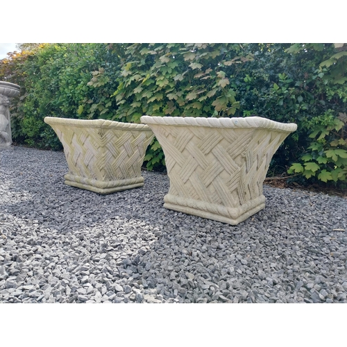 294 - Pair of moulded sandstone square lattice planters {41 cm H x 48 cm W x 48  cm D}.