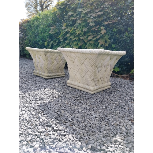 294 - Pair of moulded sandstone square lattice planters {41 cm H x 48 cm W x 48  cm D}.