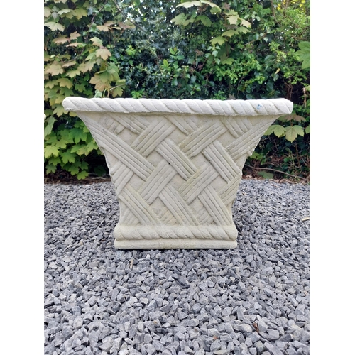 294 - Pair of moulded sandstone square lattice planters {41 cm H x 48 cm W x 48  cm D}.