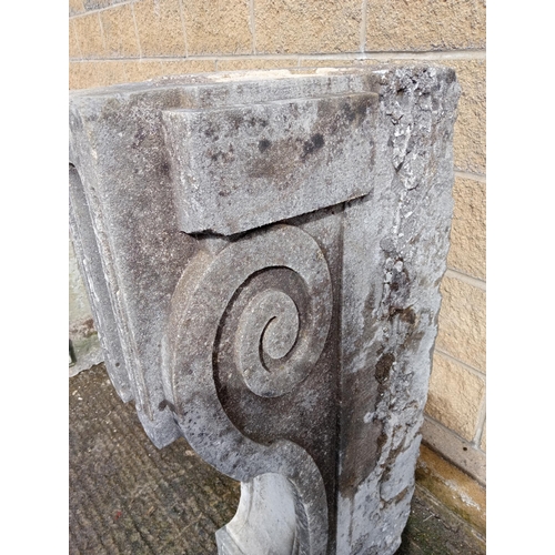 295 - Pair of sandstone scroll design balcony corbels {H 118cm x W 30cm x D 65cm }. (NOT AVAILABLE TO VIEW... 