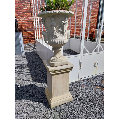 300 - Pair of good quality moulded sandstone Grecian urns raised on pedestals {110 cm H x 68 cm Dia.}.