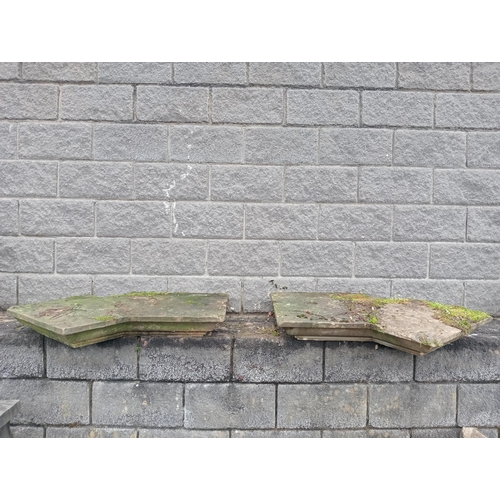 313 - Pair of angle stone pier caps {H 12cm x W 110cm x D 80cm }. (NOT AVAILABLE TO VIEW IN PERSON)