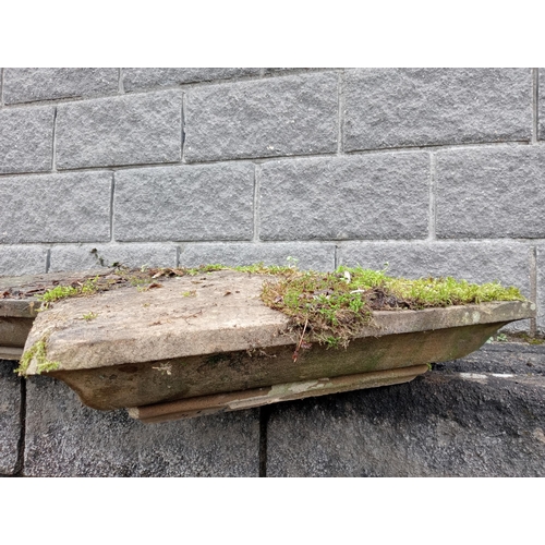 313 - Pair of angle stone pier caps {H 12cm x W 110cm x D 80cm }. (NOT AVAILABLE TO VIEW IN PERSON)