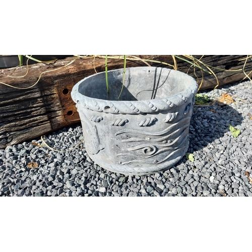 322 - Rare pair of 19th C. lead planters decorated with fish {24 cm H x 36 cm Dia}.